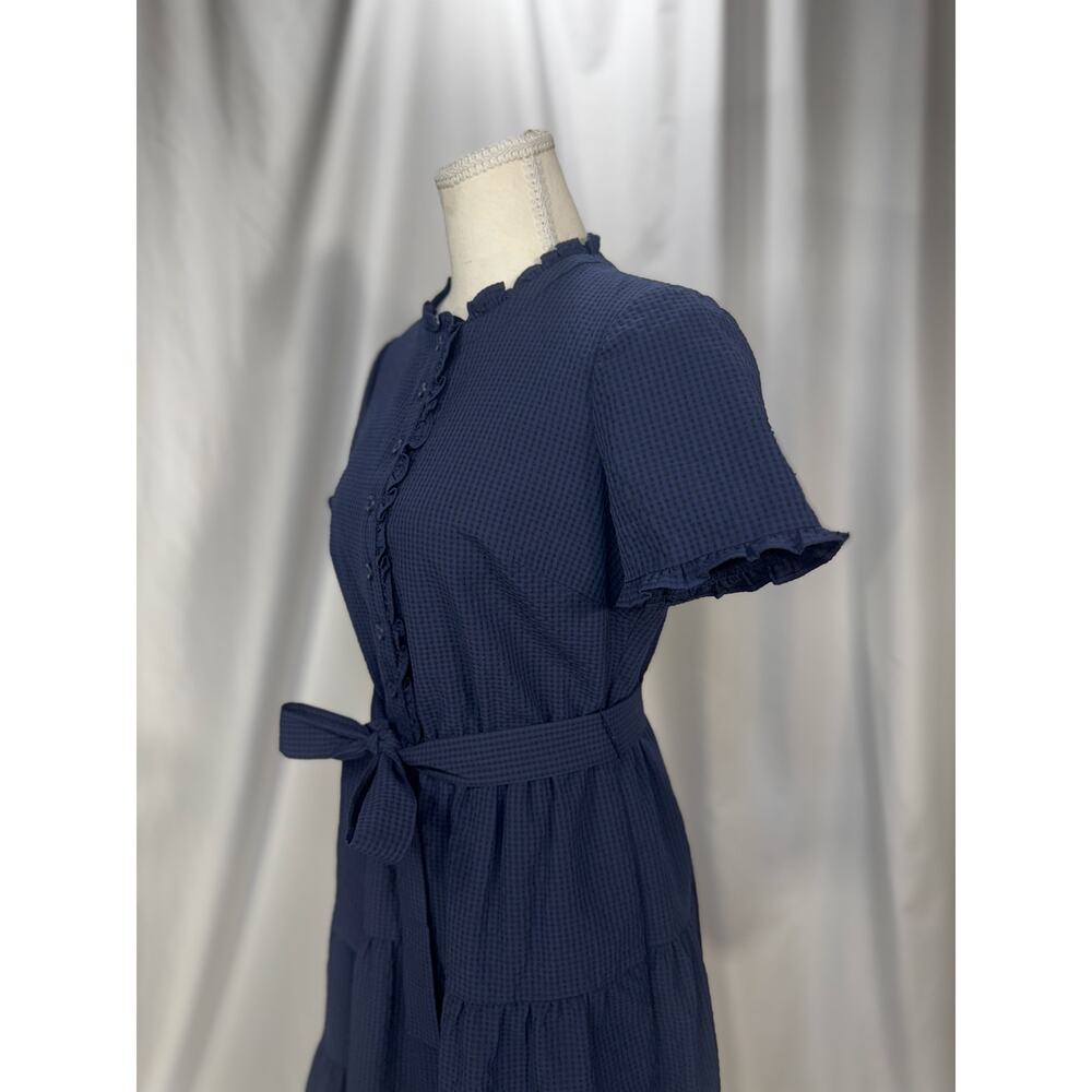 Gal Meets Glam Maisie Navy Blue Seersucker Ruffle Tiered Dress Sz 4 Cottagecore - Picture 12 of 16
